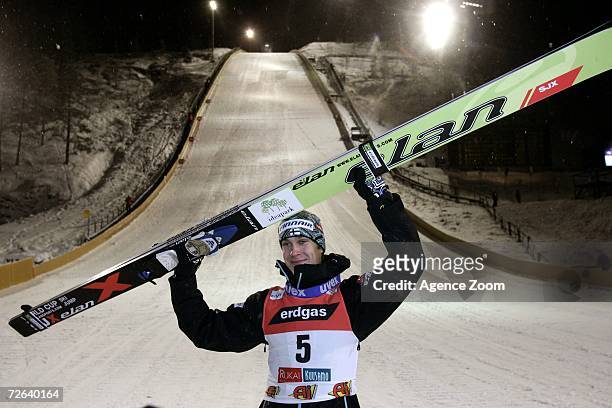 Arttu Lappi of Finland celebrates winning the first Skijumping event of the season, at the FIS World Cup Nordic Opening 2006 on November 24, 2006 in...