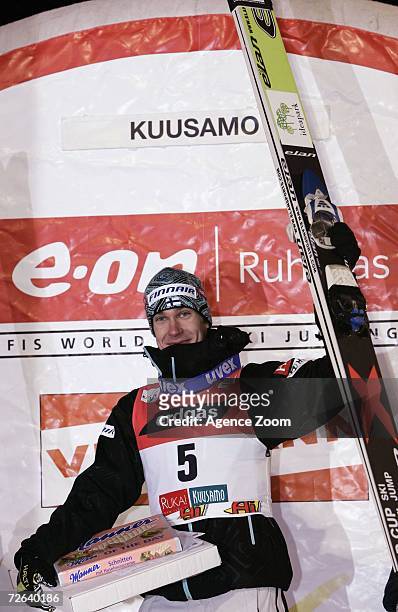 Arttu Lappi celebrates winning in the first Skijumping event of the season, at the FIS World Cup Nordic Opening 2006 on November 24, 2006 in Kuusamo,...