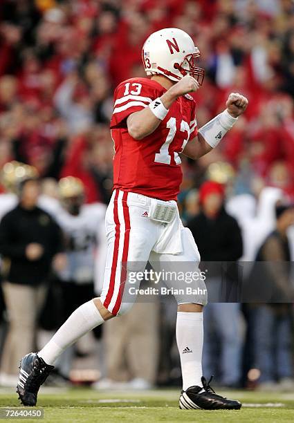 Quarterback Zac Taylor of the Nebraska Cornhuskers celebrates a touchdown against the Colorado Buffaloes on November 24, 2006 at Memorial Stadium in...