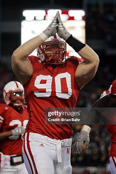 Defensive end Adam Carriker of the Nebraska Cornhuskers celebrates his safety against the Colorado Buffaloes in the fourth quarter on November 24,...