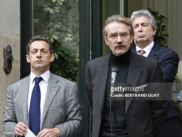 French football league president Frederic Thiriez delivers a speech next to French Interior Minister and presidential hopeful Nicolas Sarkozy and...