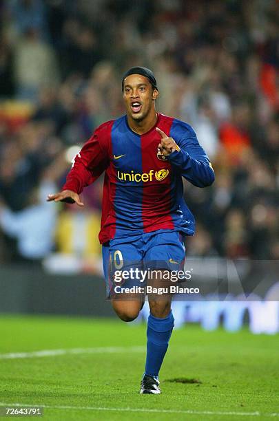 Ronaldinho of Barcelona celebrates his goal during the La Liga match between FC Barcelona and Villarreal at Camp Nou stadium on November 25, 2006 in...