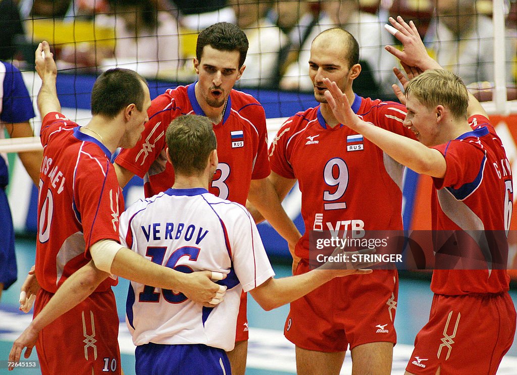 Russian players celebrate after scoring