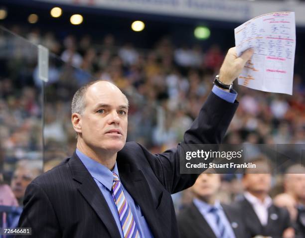 Bill Stewart, the new head coach of the Hamburg Freezers gestures during the DEL Bundesliga game between Hamburg Freezers and Adler Mannheim at the...