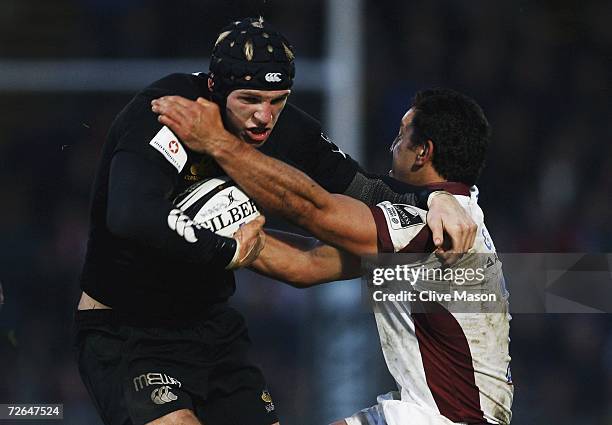 James Haskell of London Wasps attacks during the Guinness Premiership match between London Wasps and Leicester Tigers at Adams Park on November 26 in...