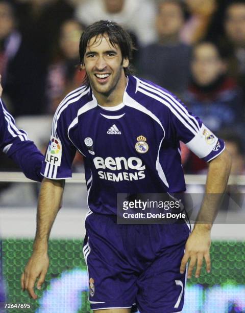 Raul Gonzalez of Real Madrid celebrates after scoring Real's first goal during their La Liga match between Valencia and Real Madrid at the Mestalla...