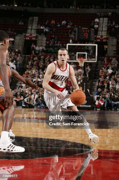 Sergio Rodriguez of the Portland Trail Blazers drives to the hoop during a game against the Phoenix Suns on November 26, 2006 at the Rose Garden...