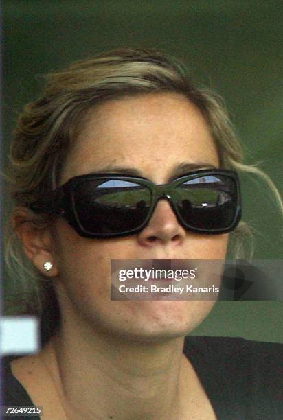 Liz Kemp, wife of Brett Lee of Australia, attends day five of the first Ashes Test Match between Australia and England at The Gabba on November 27,...