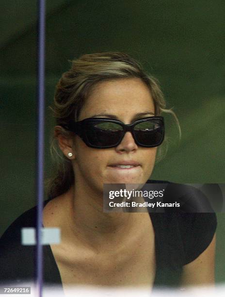 Liz Kemp, wife of Brett Lee of Australia, attends day five of the first Ashes Test Match between Australia and England at The Gabba on November 27,...