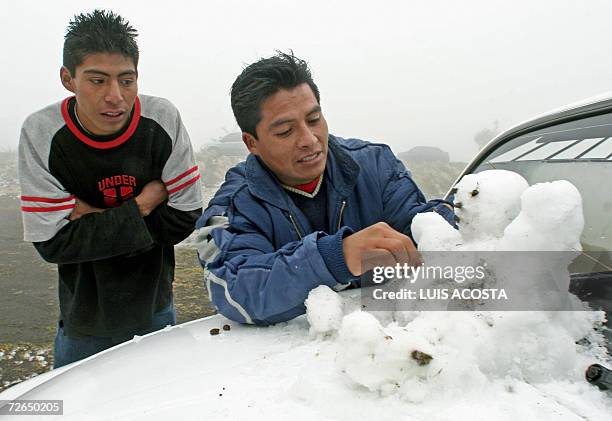 Mexicans make a snowman over their car's bonnet 22 November 2006 at the Ajusco Natural Park in Mexico City. A cold spell covers great part of Mexico...