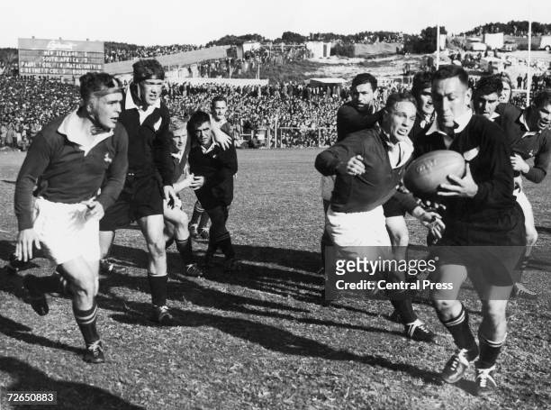 Action from South Africa vs New Zealand in a rugby test series match at the Boet Erasmus Stadium, Port Elizabeth, 31st August 1960, South Africa beat...