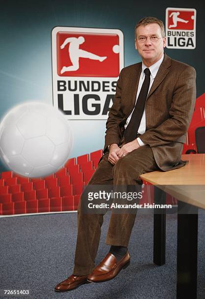 Chairman of the operating business of the DFL Holger Hieronymus poses during a press conference of the German Football League DFL and the fan...