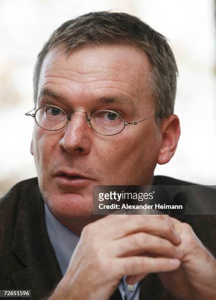 Holger Hieronymus of the DFL talks during a press conference of the German Football League DFL and the fan representative of the Bundesliga on...