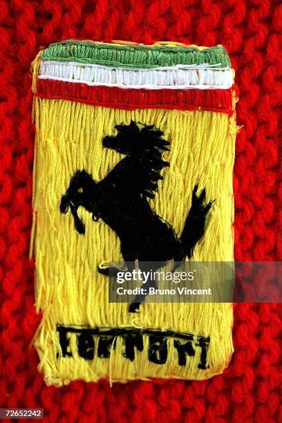 Detail of an entirely knitted full size replica Ferrari sports car on show in a gallery on November 27, 2006 in London, England. The artwork was...