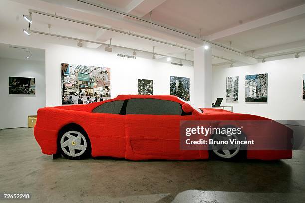 An entirely knitted full size replica Ferrari sports car sits in a gallery on November 27, 2006 in London. The artwork was advertised locally as a...