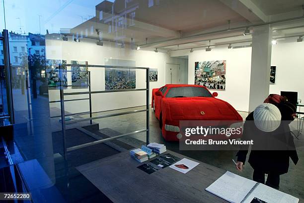 An entirely knitted full size replica Ferrari sports car sits in a gallery on November 27, 2006 in London. The artwork was advertised locally as a...