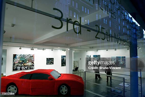 An entirely knitted full size replica Ferrari sports car sits in a gallery on November 27, 2006 in London. The artwork was advertised locally as a...