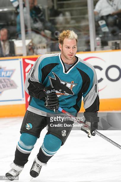 Mark Smith of the San Jose Sharks skates prior to a game against the Minnesota Wild on November 7, 2006 at the HP Pavilion in San Jose, California....