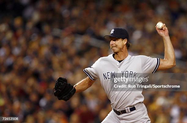 Pitcher Randy Johnson of a New York Yankees pitches against the Detroit Tigers during Game Three of the 2006 American League Division Series on...