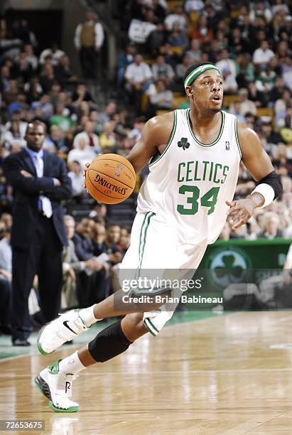 Paul Pierce of the Boston Celtics drives against the Portland Trail Blazers during the game on November 17, 2006 at the TD Banknorth Garden in...