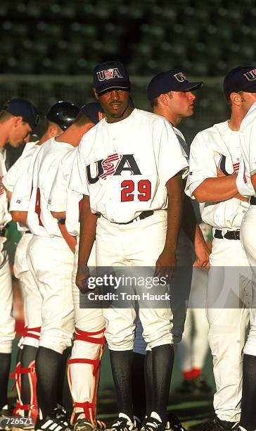 Dewon Brazelton of the USA gets ready before the U.S. West Baseball Tour Game against Mexico at HI Corbett Field in Tucson, Arizona. The USA defeated...