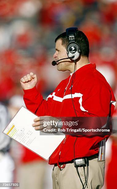 Head Coach Greg Schiano of the Rutgers Scarlet Knights looks on against the Syracuse Orange at Rutgers Stadium on November 25, 2006 in Piscataway,...