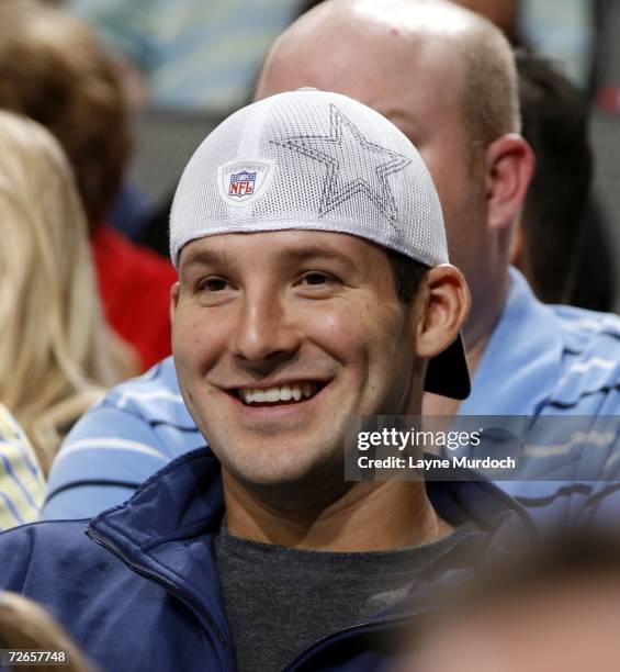 Dallas Cowboy quaterback Tony Romo watches an NBA game between the Dallas Mavericks and the Minnesota Timberwolves on November 27, 2006 at the...