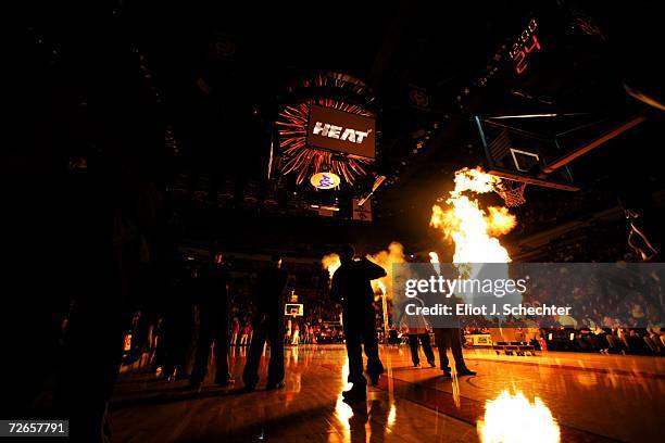 Fireball lights up the court as the Miami Heat are announced prior to the start of a game against the Philadelphia 76ers November 27, 2006 at the...