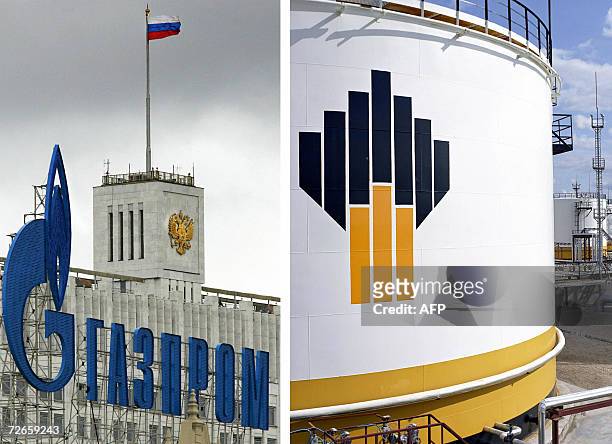 Moscow, RUSSIAN FEDERATION: This combo picture made 28 November 2006 shows the logo of Gazprom in front of the building of Russia's Government, in...