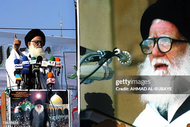 An actor, imitates late cleric Mohammed Sadiq al-Sadr while standing next to his poster, during a memorial rally in Baghdad's impoverished district...