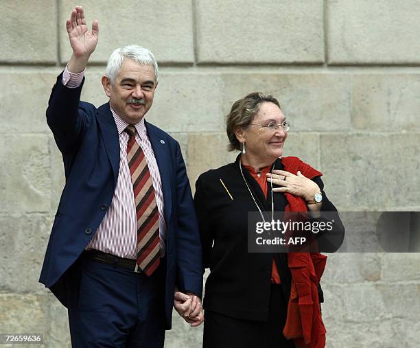 Former President Pasqual Maragall leaves the Catalan regional parliament with wife Diana Garrigosa after taking part in the handover ceremony in...