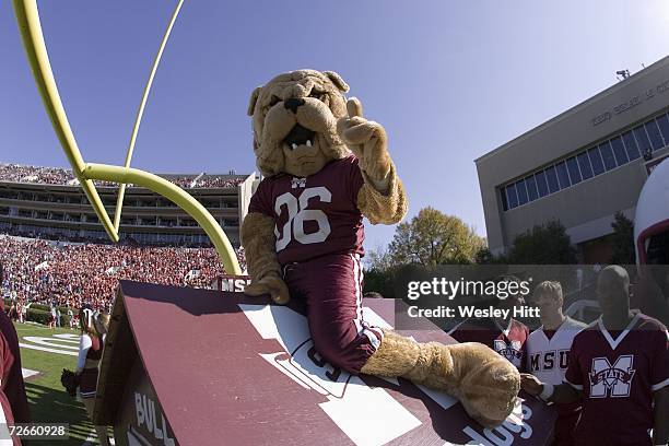 Mascot of the Mississippi State Bulldogs signals to the camera before a loss to the Arkansas Razorbacks at Davis Wade Stadium on November 18, 2006 in...