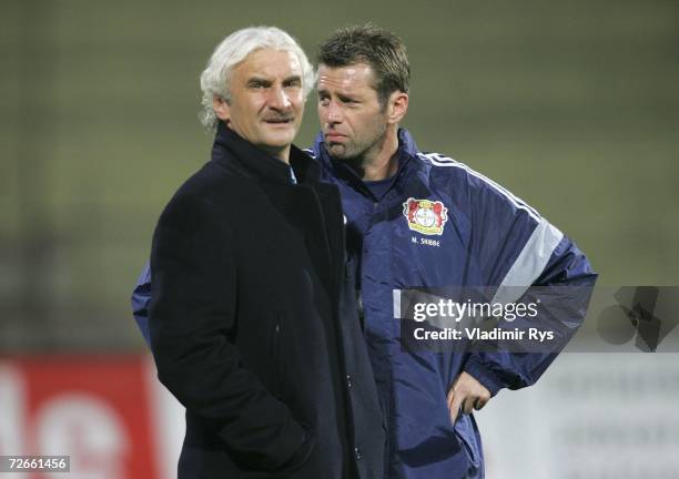 Manager Rudi Voeller and coach Michael Skibbe during a Bayer Leverkusen training session at the Dinamo Stadium on November 28, 2006 in Bucharest,...