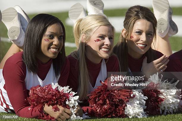 Arkansas Razorback Cheerleaders pose for photos before a game against the LSU Tigers at War Memorial Stadium on November 24, 2006 in Little Rock,...
