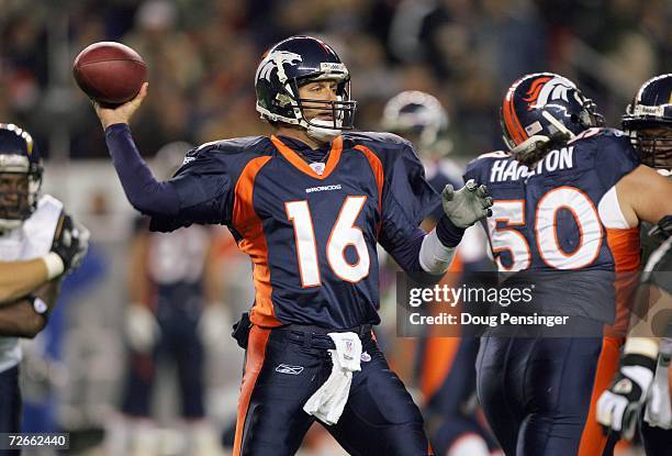 Jake Plummer of the Denver Broncos passes the ball during the game against the San Diego Chargers on November 19, 2006 at Invesco Field at Mile High...