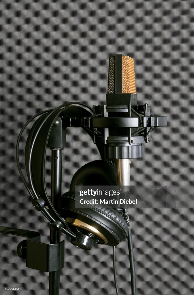 Microphone, stand and headphones