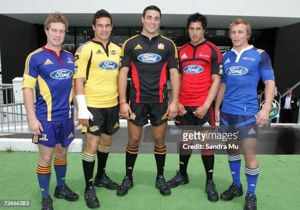 Toby Morland of the Highlanders, Tamati Ellison of the Hurricanes, Richard Kahui of the Chiefs, Stephen Brett of the Crusaders and James Somerset of...
