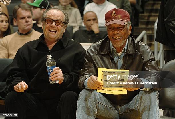 Actors Jack Nicholson and Morgan Freeman sit courtside as the Los Angeles Lakers play the Milwaukee Bucks November 28, 2006 at Staples Center in Los...