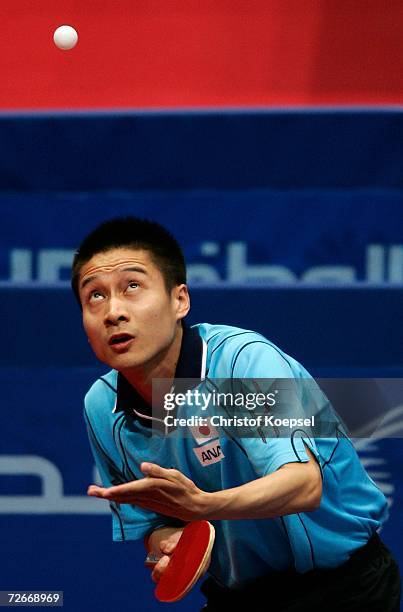 Kaii Yoshida of Japan serves during the Men's Team Round One at the 15th Asian Games Doha 2006 at Al-Arabi Indoor Hall November 29, 2006 in Doha,...