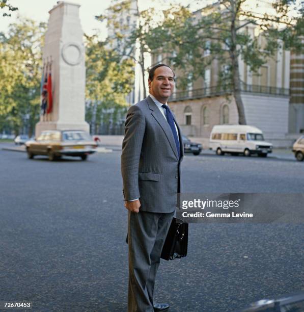 British barrister and Conservative politician Leon Brittan in front of the Cenotaph in London's Whitehall, circa 1995.