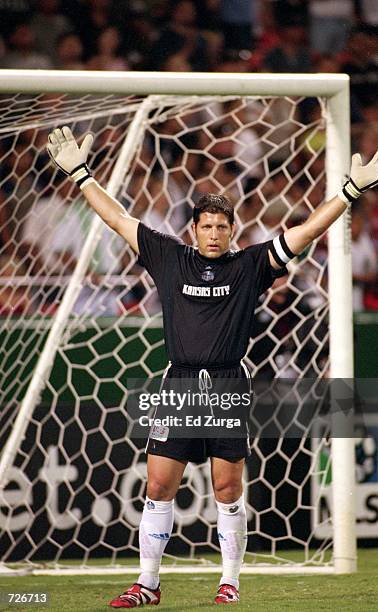 Goal Tender Tony Meola of the Kansas City Wizards holds up his arms during the game against the Los Angeles Galaxy at the Arrowhead Stadium in Kansas...