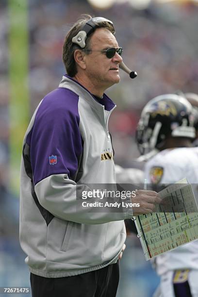 Head coach Brian Billick of the Baltimore Ravens looks on against the Tennessee Titans on November 12, 2006 at LP Field in Nashville, Tennessee. The...