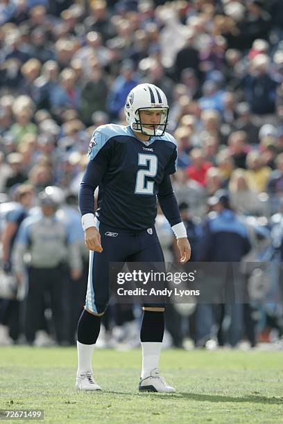 Rob Bironas of the Tennessee Titans lines up to kick against the Baltimore Ravens on November 12, 2006 at LP Field in Nashville, Tennessee. The...