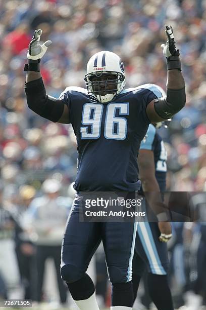 Robaire Smith of the Tennessee Titans reacts against the Baltimore Ravens on November 12, 2006 at LP Field in Nashville, Tennessee. The Ravens won...
