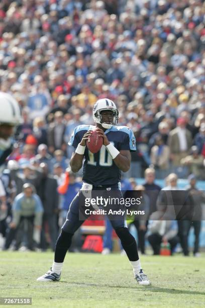 Vince Young of the Tennessee Titans looks to pass against the Baltimore Ravens on November 12, 2006 at LP Field in Nashville, Tennessee. The Ravens...