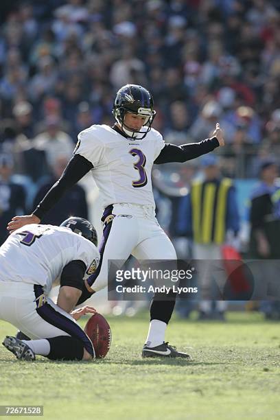Matt Stover of the Baltimore Ravens kicks against the Tennessee Titans on November 12, 2006 at LP Field in Nashville, Tennessee. The Ravens won 27-26.