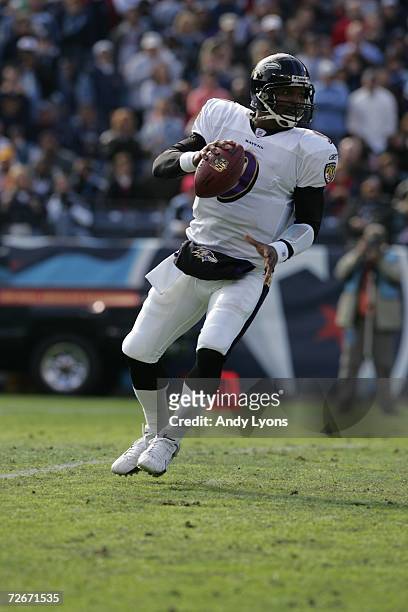 Steve McNair of the Baltimore Ravens looks to pass against the Tennessee Titans on November 12, 2006 at LP Field in Nashville, Tennessee. The Ravens...