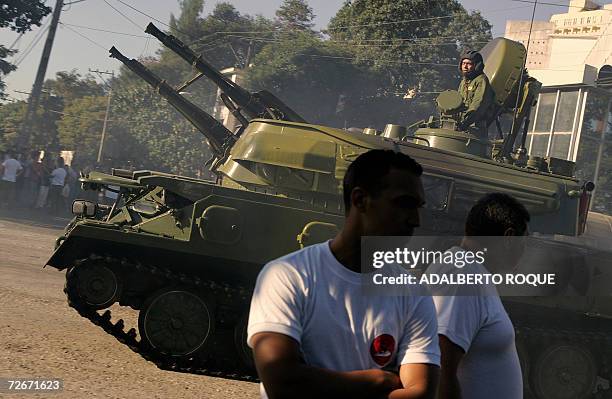 Russian-made ZSU-23-4 Shilka armored antiaircraft gun rolls in parade formation 29 November, 2006 near Revolution Square in Havana. Soaring fighter...