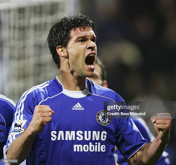 Michael Ballack of Chelsea celebrates scoring his team's first goal during the Barclays Premiership match between Bolton Wanderers and Chelsea at The...