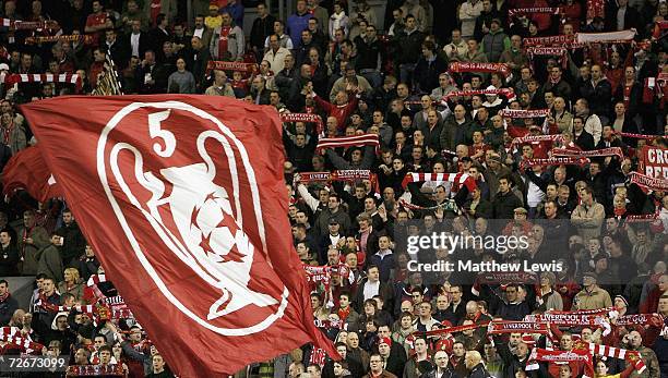 Liverpool fans in the Kop stand ahead of the Barclays Premiership match between Liverpool and Portsmouth at Anfield on November 29, 2006 in...